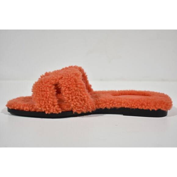 Hermes Oran Teddy Shearling Fur Orange H Logo Slide Sandal Mule Flat Flop 36.5 - Picture 8 of 12